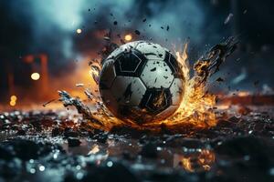 dramatisch moment, voetbal doel, detailopname voet actie ai gegenereerd foto