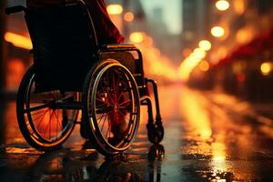detailopname vangt sterkte gehandicapt mans hand- Aan rolstoel wiel, navigeren levens reis ai gegenereerd foto