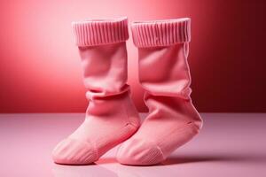 delicaat baby sokken Aan roze oppervlakte voorzien kopiëren ruimte voor charmant pasgeboren groeten ai gegenereerd foto