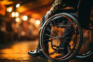 gehandicapt mans hand- Aan wiel, belichamen veerkracht en mobiliteit, gezien omhoog dichtbij ai gegenereerd foto