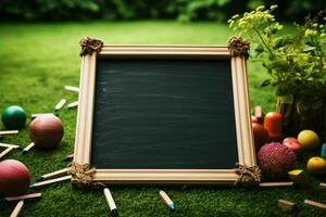 mini schoolbord kleuren Aan gras achtergrond, vieren de terugkeer naar school- ai gegenereerd foto