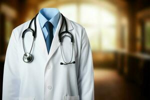 medisch achtergrond, artsen wit laboratorium jas en stethoscoop, symboliseert expertise ai gegenereerd foto