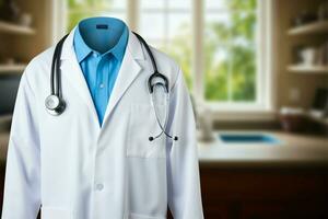 medisch expertise vertegenwoordigd door een artsen laboratorium jas en stethoscoop achtergrond ai gegenereerd foto