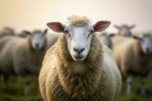 dier, dijk grappig schapen is op zoek Bij u van haar weide Aan boerderij achtergrond. schapen. generatief ai foto