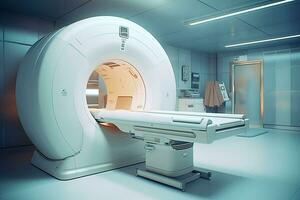 ct scannen, medisch ct of mri scannen met een geduldig in de modern ziekenhuis laboratorium. generatief ai foto