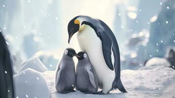 pinguïns en hun baby, pinguïn familie in de antarctisch geïsoleerd koning pinguïn, pinguïns knuffelen hun baby. generatief ai foto