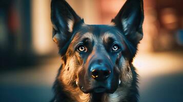 een Duitse herder Politie hond. douane of politie, bagage inspectie en immigratie controle op aankomst. Politie hond. snuffelaar hond. generatief ai foto