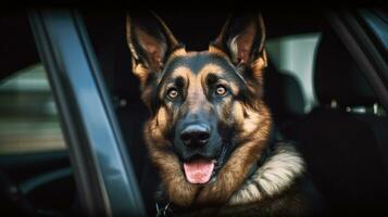 een Duitse herder Politie hond. douane of politie, bagage inspectie en immigratie controle op aankomst. Politie hond. snuffelaar hond. generatief ai foto