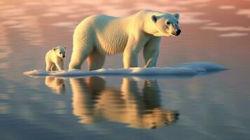 polair beer met welp Aan ijs ijsschots. generatief ai foto