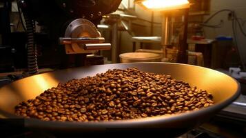 arabica of robusta koffie bonen, koffie koffiebrander, aromatisch koffie bonen situeren in modern uitrusting met graan koeler. koffie Boon brander machine. industrie concept. generatief ai foto