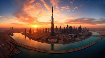 antenne visie van dubai, Verenigde Arabisch emiraten in in de buurt zonsondergang. generatief ai foto