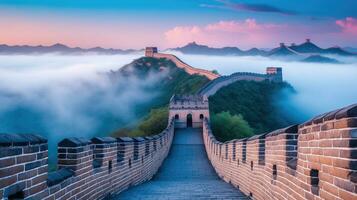 geweldig, Super goed muur van China nevelig ochtend- zonsopkomst. generatief ai foto