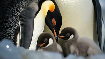 pinguïns en hun baby, pinguïn familie in de antarctisch geïsoleerd koning pinguïn, pinguïns knuffelen hun baby. generatief ai foto