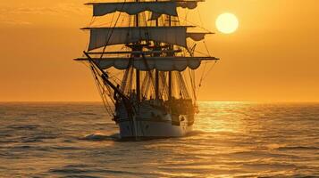 bark schip in de oceaan Bij zonsondergang. generatief ai foto