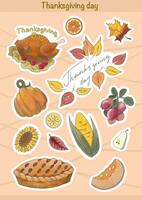 dankzegging stickers. icoon reeks van herfst elementen met gebraden kalkoen, tekenfilm pompoen voedsel, taart. gelukkig dankzegging dag. oogst festival. herfst groet kaart foto