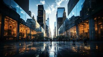 reflecterende wolkenkrabbers, bedrijf kantoor gebouwen. laag hoek visie van wolkenkrabbers in stad, zonnig dag. bedrijf behang met modern wolkenkrabbers met gespiegeld ramen. generatief ai foto