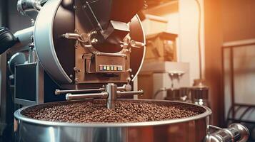 koffie koffiebrander, aromatisch koffie bonen situeren in modern uitrusting met graan koeler. koffie Boon brander machine. industrie concept. generatief ai foto