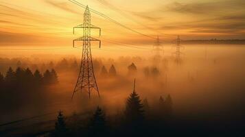 hoog Spanning transmissie toren mistig ochtend- zonsopkomst. generatief ai foto