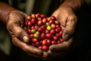 arabica koffie bessen verpakt in de handen van een boer Bij een koffie plantage. generatief ai foto