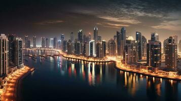 antenne visie van Dubai Verenigde Arabisch emiraten gedurende schemering. generatief ai foto