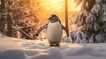 een pinguïn in een besneeuwd landschap. speels, gelukkig dier. generatief ai foto