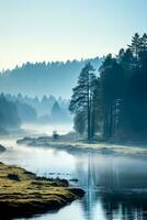 een sereen nevelig ochtend- landschap in november presentatie van rollend heuvels en een kalmte meer achtergrond met leeg ruimte voor tekst foto