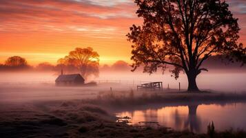 een sereen platteland tafereel groeten de dageraad net zo mist omhult een pittoreske november landschap fluisteren geheimen van aard kalmte foto