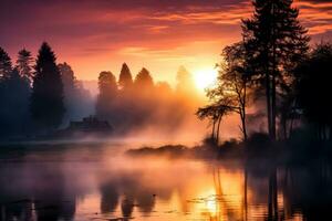 net zo de zon stijgt een mystiek mist dekens de sereen platteland onthullend majestueus bomen en rustig meren foto