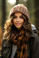 een knus plaid sjaal verpakt in de omgeving van een glimlachen model- vastleggen de warmte en stijl van vallen mode foto