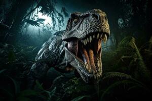 een tyrannosaurus rex dinosaurus jacht- Bij nacht in de oerwoud. tyrannosaurus rex. generatief ai foto