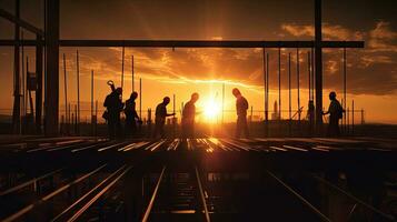 silhouet van bouw team werken Bij bouw plaats. generatief ai foto