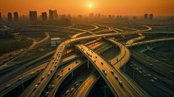 antenne visie van snelweg, weg verkeer een belangrijk infrastructuur van de hoofdstad. generatief ai foto