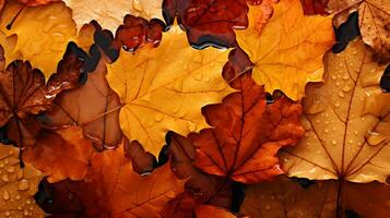 kleurrijk herfst esdoorn- bladeren met water druppels Aan een donker achtergrond foto