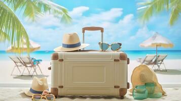 koffer met rietje hoed en zonnebril Aan zanderig strand. reizen concept foto