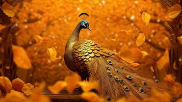 een goud veer Pauw vogel Aan gouden bladeren boom, idee voor welvaart en macht symbool. generatief ai foto