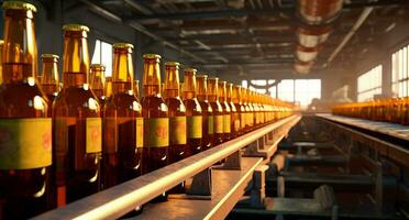 glas flessen Aan een transportband riem in een fabriek. bier verpakking winkel. ai gegenereerd foto