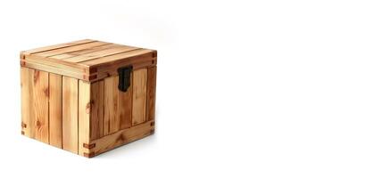 elegant houten doos Aan een wit horizontaal achtergrond met ruimte voor tekst. ontwerp voor de banier van een timmerwerk bedrijf, meubilair werkplaats. ai gegenereerd foto