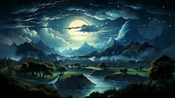 illustratie kunst super vol maan met berg visie achtergrond foto