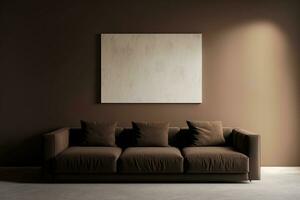 een hedendaags kamer interieur achtergrond met een geavanceerde bruin sofa en een beige muur is gezien. generatief ai foto