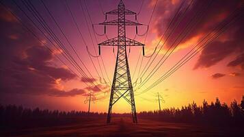 hoog Spanning elektrisch transmissie toren Bij zonsondergang. generatief ai foto