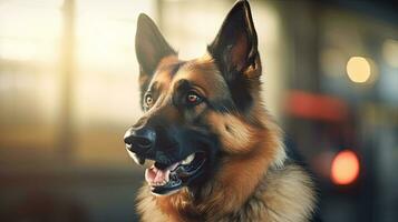 een Duitse herder Politie hond. douane of politie, bagage inspectie en immigratie controle op aankomst. Politie hond. snuffelaar hond. generatief ai foto