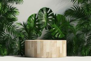 houten Product Scherm podium met wazig natuur bladeren Aan groen achtergrond 3d renderen foto