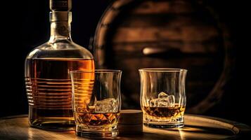 Scotch whisky fles met glas van whisky en oud houten loop. generatief ai foto