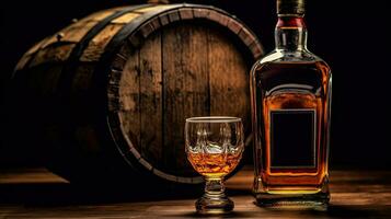 Scotch whisky fles met glas van whisky en oud houten loop. generatief ai foto
