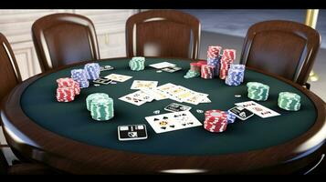 spelers handen houden kaarten Speel poker, groen tafel, casino chips. pret vakantie Bij toevlucht. ai gegenereerd. foto