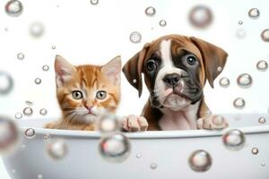 schattig baby katje en bokser puppy nemen een bubbel bad, generatief ai foto