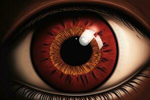 een bruin volwassen menselijk oog met weinig rood aderen is getoond in een dichtbij omhoog. Gezondheid foto