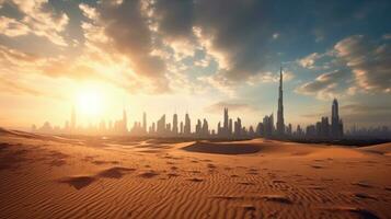 woestijn in Dubai stad achtergrond Verenigde Arabisch emiraten mooi lucht in de ochtend- zonsopkomst. generatief ai foto