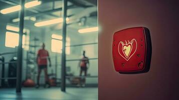 geautomatiseerd extern defibrillator symbool of teken Aan de muur in een sport- Sportschool. generatief ai foto