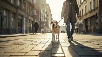 een gids hond helpt een visueel verminderd Mens wandelen in stad. gouden, labrador, gids hond. generatief ai foto